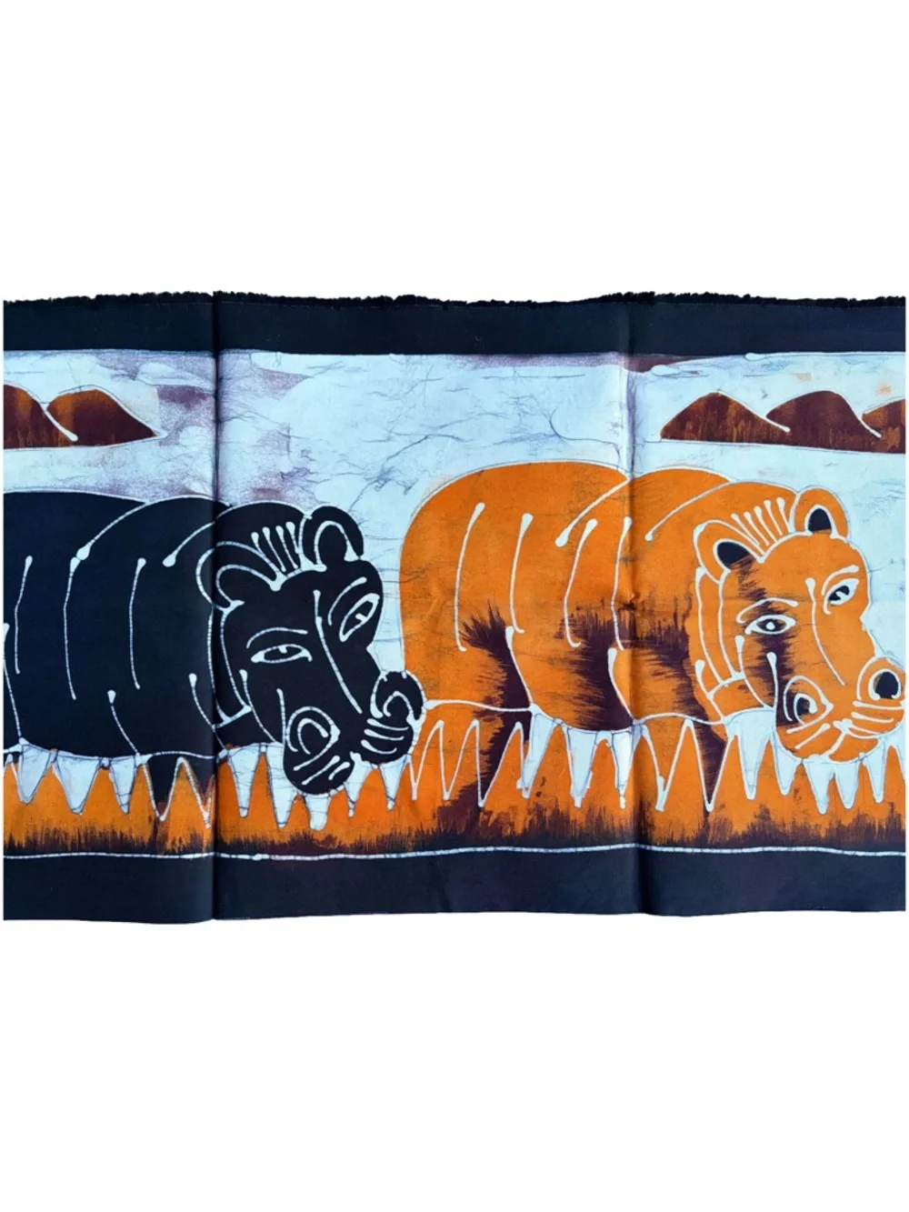 Hand Crafted African Batik Wall Art And Also Hippo Scarf - Orange & Black